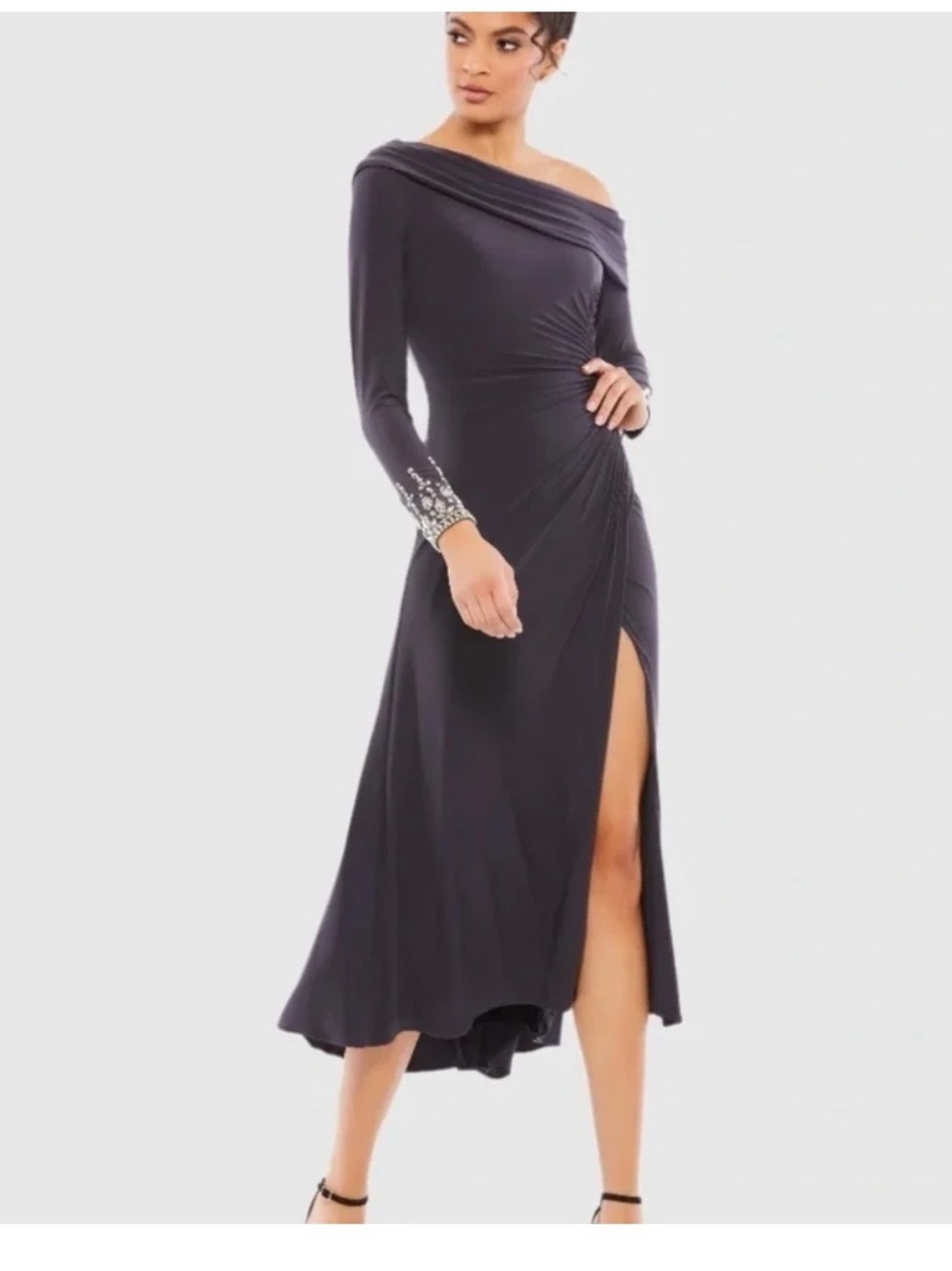 Mac Duggal One-Shoulder Black Evening Gown with Beaded Cuff